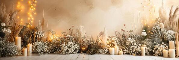 ai généré toile de fond pour beige boho séance photo dans Jaune lumières et blanc fleurs