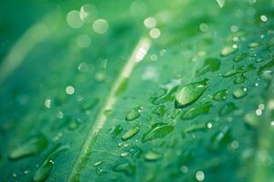 beauté dans la nature. relaxant doux bleu vert couleurs, macro l'eau gouttes de rosée dans Matin lueur dans lumière du soleil. magnifique feuille texture dans la nature. Naturel Contexte fond d'écran. idyllique printemps été fermer photo