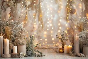 ai généré toile de fond pour beige boho séance photo dans Jaune lumières et blanc fleurs