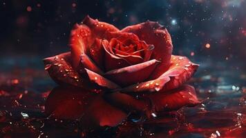 ai généré intense rouge Rose pétales sur foncé toile de fond photo