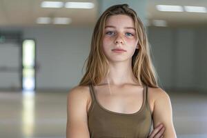 ai généré une Jeune fille permanent dans Danse studio portant mousseline de soie Haut photo