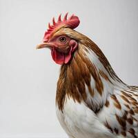 une proche en haut de une coq avec une blanc et marron tête photo