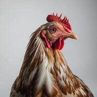 une proche en haut de une coq avec une blanc et marron tête photo