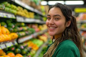 ai généré souriant femelle supermarché fruit section ouvrier à la recherche à le caméra photo