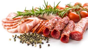 ai généré Viande carnivore régime avec tomates et poivrons épicé collation. cuisine culinaire concept isolé sur une blanc Contexte photo