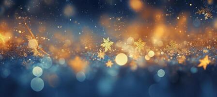 ai généré confortable Noël d'or flocons de neige sur le neige Contexte avec Jaune et bleu bokeh teintes. de fête, édifiant fond d'écran toile de fond photo