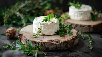 ai généré suluguni fromage sur une lumière en bois planche. décoré avec verdure. foncé en bois Contexte. photo