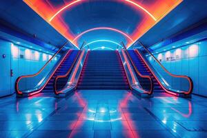 ai généré ascenseur escalier mécanique est en mouvement escalier utilisé comme transport entre planchers ou les niveaux bâtiment professionnel la photographie photo