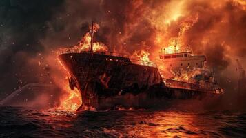 ai généré Feu dans le port de mer brûlant bateau, cargaison navire photo