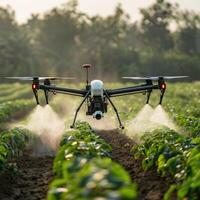 ai généré un agricole drone mouches à vaporisateur les engrais dans le des champs emploi photo