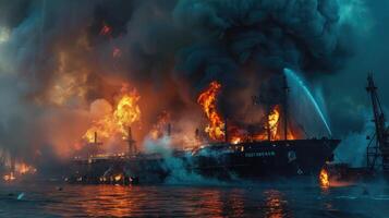 ai généré Feu dans le port de mer brûlant bateau, cargaison navire photo