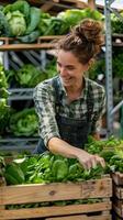 ai généré femelle agriculteur cueillette cos salade de une en bois légume récipient photo