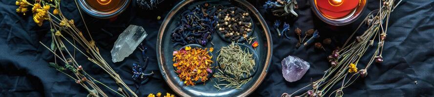 ai généré mystique atmosphère, assiette avec herbes bougies et cristaux photo