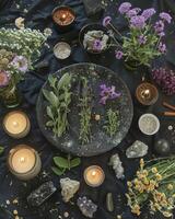 ai généré mystique atmosphère, assiette avec herbes bougies et cristaux photo