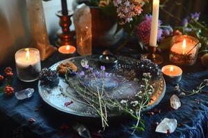 ai généré mystique atmosphère, assiette avec herbes bougies et cristaux photo