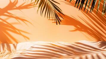 ai généré ensoleillé tropical le sable plage avec paume des arbres et Orange mur avec vide espace pour texte ou produit présentation. chaud été Ventes concept. photo