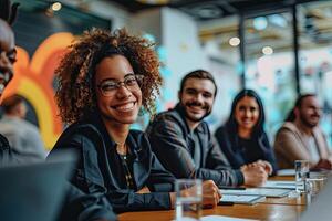 ai généré souriant diverse collègues recueillir dans salle de réunion idée de génie photo