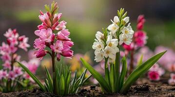 ai généré printemps fleurs sur vert pelouse, inondé avec brillant lumière du soleil, flou Contexte. photo