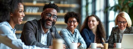 ai généré souriant diverse collègues recueillir dans salle de réunion idée de génie photo