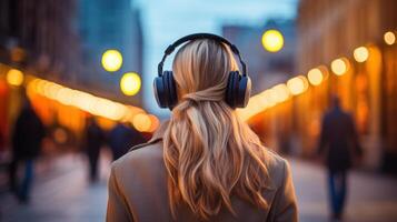 ai généré la musique thérapie, harmonie, mental santé concept. jolie Jeune femme profiter la musique avec écouteurs en plein air. femme portant écouteurs profiter la musique et bien ambiance photo