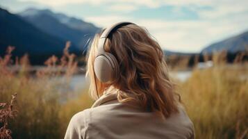 ai généré la musique thérapie, harmonie, mental santé concept. jolie Jeune femme profiter la musique avec écouteurs en plein air. femme portant écouteurs profiter la musique et bien ambiance photo