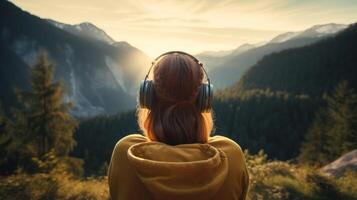 ai généré la musique thérapie, harmonie, mental santé concept. jolie Jeune femme profiter la musique avec écouteurs en plein air. femme portant écouteurs profiter la musique et bien ambiance photo