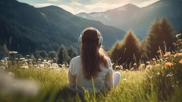 ai généré la musique thérapie, harmonie, mental santé concept. jolie Jeune femme profiter la musique avec écouteurs en plein air. femme portant écouteurs profiter la musique et bien ambiance photo