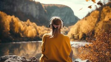 ai généré la musique thérapie, harmonie, mental santé concept. jolie Jeune femme profiter la musique avec écouteurs en plein air. femme portant écouteurs profiter la musique et bien ambiance photo