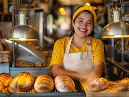 ai généré une boulanger dans une boulangerie, elle est cuisson pain avec une sourire photo