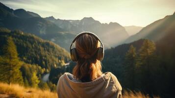 ai généré la musique thérapie, harmonie, mental santé concept. jolie Jeune femme profiter la musique avec écouteurs en plein air. femme portant écouteurs profiter la musique et bien ambiance photo