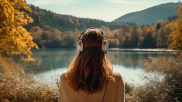 ai généré la musique thérapie, harmonie, mental santé concept. jolie Jeune femme profiter la musique avec écouteurs en plein air. femme portant écouteurs profiter la musique et bien ambiance photo