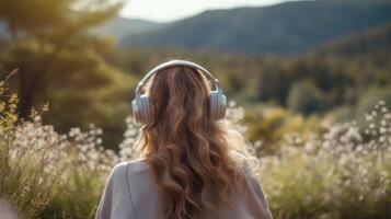 ai généré la musique thérapie, harmonie, mental santé concept. jolie Jeune femme profiter la musique avec écouteurs en plein air. femme portant écouteurs profiter la musique et bien ambiance photo