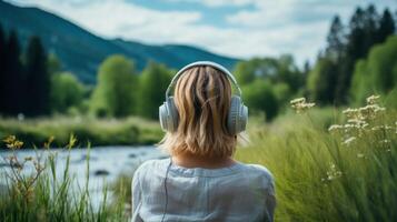 ai généré la musique thérapie, harmonie, mental santé concept. jolie Jeune femme profiter la musique avec écouteurs en plein air. femme portant écouteurs profiter la musique et bien ambiance photo