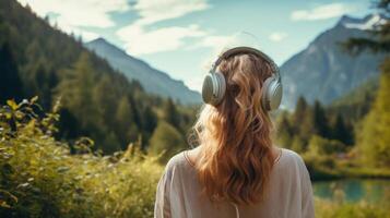 ai généré la musique thérapie, harmonie, mental santé concept. jolie Jeune femme profiter la musique avec écouteurs en plein air. femme portant écouteurs profiter la musique et bien ambiance photo