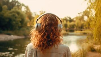 ai généré la musique thérapie, harmonie, mental santé concept. jolie Jeune femme profiter la musique avec écouteurs en plein air. femme portant écouteurs profiter la musique et bien ambiance photo