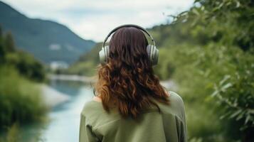 ai généré la musique thérapie, harmonie, mental santé concept. jolie Jeune femme profiter la musique avec écouteurs en plein air. femme portant écouteurs profiter la musique et bien ambiance photo