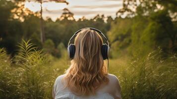 ai généré la musique thérapie, harmonie, mental santé concept. jolie Jeune femme profiter la musique avec écouteurs en plein air. femme portant écouteurs profiter la musique et bien ambiance photo