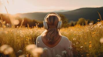 ai généré la musique thérapie, harmonie, mental santé concept. jolie Jeune femme profiter la musique avec écouteurs en plein air. femme portant écouteurs profiter la musique et bien ambiance photo