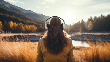 ai généré la musique thérapie, harmonie, mental santé concept. jolie Jeune femme profiter la musique avec écouteurs en plein air. femme portant écouteurs profiter la musique et bien ambiance photo