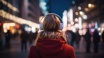 ai généré la musique thérapie, harmonie, mental santé concept. jolie Jeune femme profiter la musique avec écouteurs en plein air. femme portant écouteurs profiter la musique et bien ambiance photo