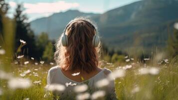 ai généré la musique thérapie, harmonie, mental santé concept. jolie Jeune femme profiter la musique avec écouteurs en plein air. femme portant écouteurs profiter la musique et bien ambiance photo