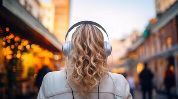 ai généré la musique thérapie, harmonie, mental santé concept. jolie Jeune femme profiter la musique avec écouteurs en plein air. femme portant écouteurs profiter la musique et bien ambiance photo