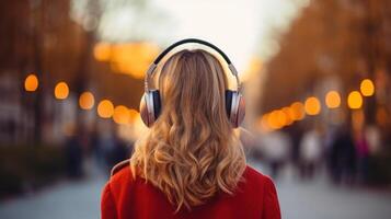 ai généré la musique thérapie, harmonie, mental santé concept. jolie Jeune femme profiter la musique avec écouteurs en plein air. femme portant écouteurs profiter la musique et bien ambiance photo