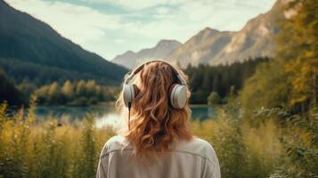 ai généré la musique thérapie, harmonie, mental santé concept. jolie Jeune femme profiter la musique avec écouteurs en plein air. femme portant écouteurs profiter la musique et bien ambiance photo