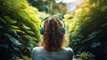 ai généré la musique thérapie, harmonie, mental santé concept. jolie Jeune femme profiter la musique avec écouteurs en plein air. femme portant écouteurs profiter la musique et bien ambiance photo