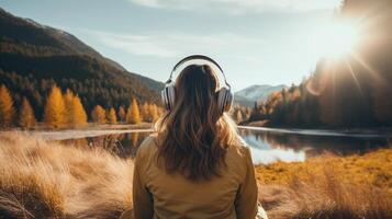 ai généré la musique thérapie, harmonie, mental santé concept. jolie Jeune femme profiter la musique avec écouteurs en plein air. femme portant écouteurs profiter la musique et bien ambiance photo