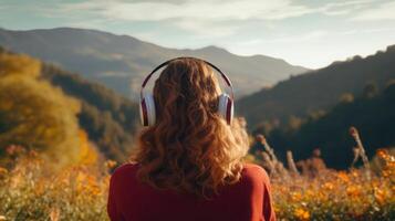 ai généré la musique thérapie, harmonie, mental santé concept. jolie Jeune femme profiter la musique avec écouteurs en plein air. femme portant écouteurs profiter la musique et bien ambiance photo