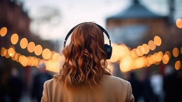 ai généré la musique thérapie, harmonie, mental santé concept. jolie Jeune femme profiter la musique avec écouteurs en plein air. femme portant écouteurs profiter la musique et bien ambiance photo