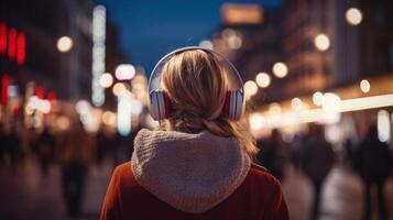 ai généré la musique thérapie, harmonie, mental santé concept. jolie Jeune femme profiter la musique avec écouteurs en plein air. femme portant écouteurs profiter la musique et bien ambiance photo