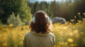 ai généré la musique thérapie, harmonie, mental santé concept. jolie Jeune femme profiter la musique avec écouteurs en plein air. femme portant écouteurs profiter la musique et bien ambiance photo